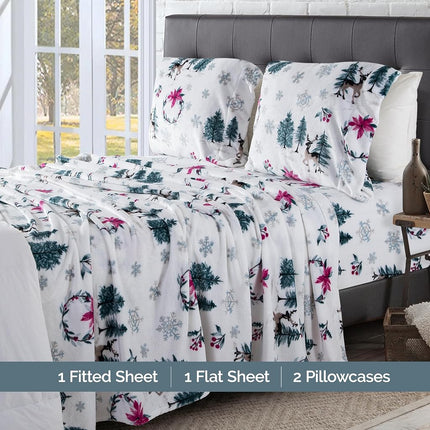 Elegant Comfort Luxuriously Soft 4-Piece Holiday Velvet Plush Flannel Sheet Set - Premium Quality - Cozy Warm, Christmas Fuzzy Velvet Flannel Fleece Deep Pocket Sheet Set - Twin XL, Christmas Wreath
