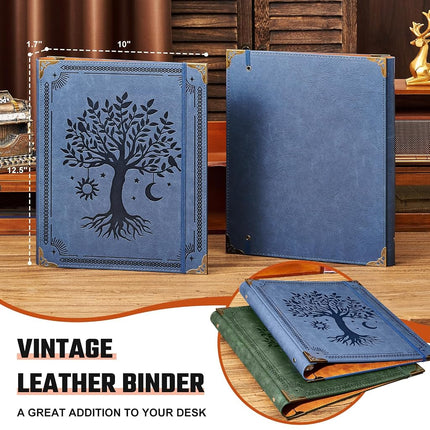 Ovesmusl Leather 3 Ring Binder Fits 8.5"x11" Letter Size Paper, 1 Inch Round Ring Binder Holds 200 Sheets, Notebook Cover Loose Leaf Organizer, Blue Tree