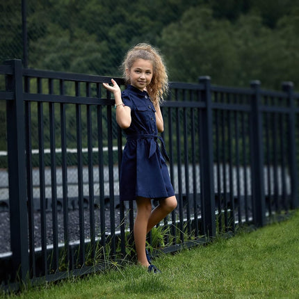 French Toast Girls' Twill Safari Shirtdress, Navy, 6 Plus
