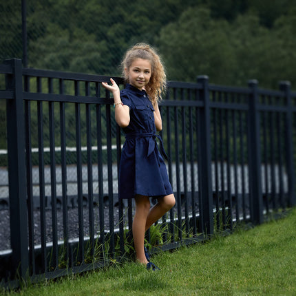 French Toast Girls' Twill Safari Shirtdress, Navy, 6 Plus