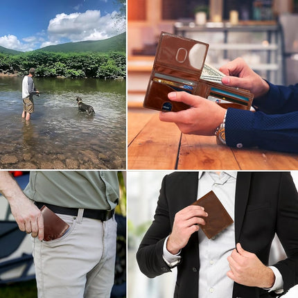 RFID Bifold Leather Wallet For Men with Flip Up ID in Vintage Buffalo Brown, With NO Logo - Forest Brown, Bifold Wallet