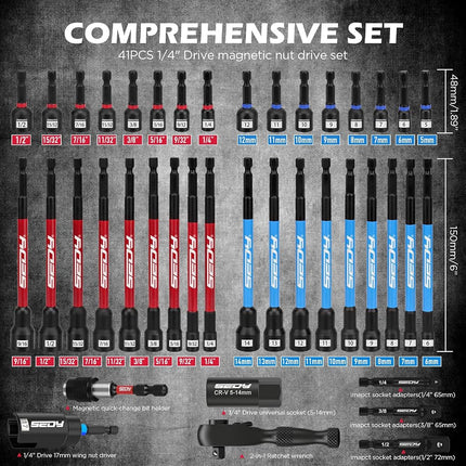 SEDY 41-Piece Metric & SAE 1/4" Magnetic Nut Driver Bit Set, CR-V Steel, 48mm & 150mm, Universal Socket, Ratchet Wrench, Quick-Change Bit Holder for Mechanics, Electricians, DIY