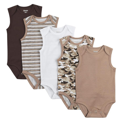 Hanes unisex-baby Bodysuits, Ultimate Flexy Sin Mangas para Niños y Niñas, Paquete de 5, Marrón/Blanco/Canela, 6-12 Meses