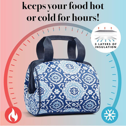 Fit & Fresh 902FFST448 Charlotte Insulated Lunch Bag with Reusable Ice Pack (Medallion Bloom), Cotton, Navy