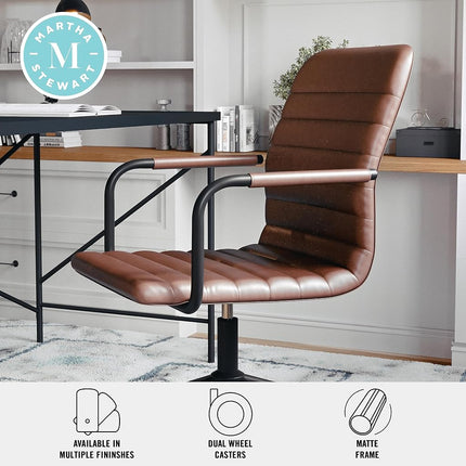 Martha Stewart Taytum Swivel Task Chair with Armrests for Home Office in Saddle Brown Faux Leather with Oil Rubbed Bronze Frame
