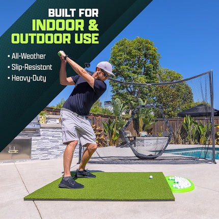 GoSports Golf Hitting Mat - ELITE 5 x 4 ft - 15 mm Artificial Turf Training Mat for Indoor/Outdoor Swing Practice, Includes 3 Rubber Tees