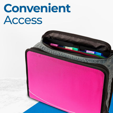 Case-it The Mighty Zip Tab Zipper Binder - 3 Inch O-Rings - 5 Color Tab Expanding File Folder - Multiple Pockets - 600 Sheet Capacity - Comes with Shoulder Strap - Magenta D-146