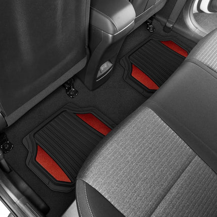 Juego completo de alfombrillas para coche Motor Trend ChromeTech - Alfombrillas de goma duraderas para coches con detalles de dos tonos, protección interior para todo tipo de clima para la parte delantera y trasera con reverso antideslizante, cromo rojo