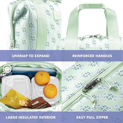 Fit & Fresh Neoprene Lunch Bag For Women, Insulated Womens Lunch Bag For Work, Tear & Stain Resistant Large Lunch Box For Women With Containers and Ice, Machine Washable Remi Bag, Sage Flower