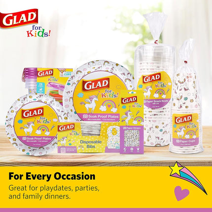 Glad for Kids Unicorn Paper Disposable Bibs with Crumb Catcher for Feeding - Absorbent and Leakproof Eating and Travel Must Haves for Mess-Free Meals, 30 Count