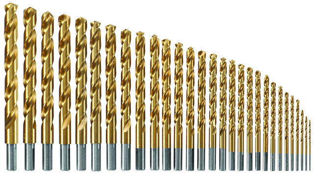 BOSCH TI29 29-Piece Assorted Set Titanium Nitride Coated Metal Drill Bits with Included Case with Three-Flat Shank for Applications in Heavy-Gauge Carbon Steels, Light Gauge Metal, Hardwood