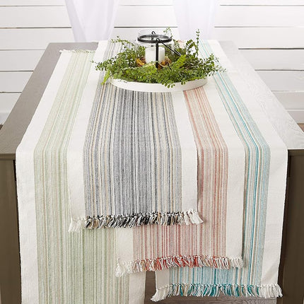 DII Fringed Stripe Tabletop, Table Runner, Cotton, Teal, 14x72