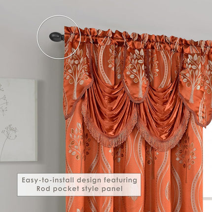 Elegant Comfort Luxurious Aurora Jacquard Look Curtain Panel Set with Attached Valance 54" X 63 inch (Set of 2), Rusty Red