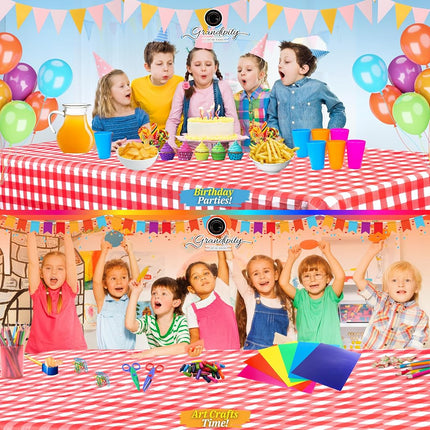 Red Gingham Checkered 12 Pack Premium Disposable Plastic Picnic Tablecloth 54 Inch. x 108 Inch. Rectangle Table Cover By Grandipity