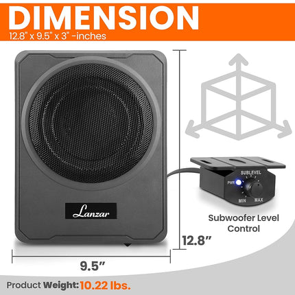 8-Inch Low-Profile Amplified Subwoofer System - 600 Watt Compact Enclosed Active Underseat Car Audio Subwoofer with Built in Amp, Powered Car Subwoofer w/ Low & High Level Inputs - Pyle SBA8A.5