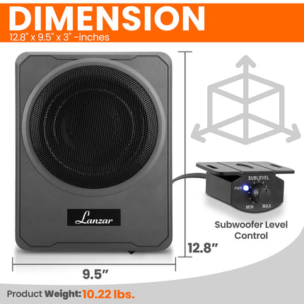 8-Inch Low-Profile Amplified Subwoofer System - 600 Watt Compact Enclosed Active Underseat Car Audio Subwoofer with Built in Amp, Powered Car Subwoofer w/ Low & High Level Inputs - Pyle SBA8A.5