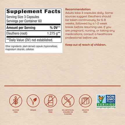 Nature's Way Premium Herbal Siberian Eleuthero 1,275 mg Per Serving, 180 Vegan Capsules (Packaging May Vary)