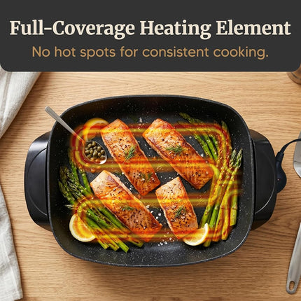 Elite Gourmet EG-6203# Extra Deep 16"x13"x3.2" (10.5Qt.) Scratch Resistant, Easy Pour Spout Dishwasher Safe, Non-stick Electric Skillet with Glass Vented Lid, Adjustable Temperature, Black