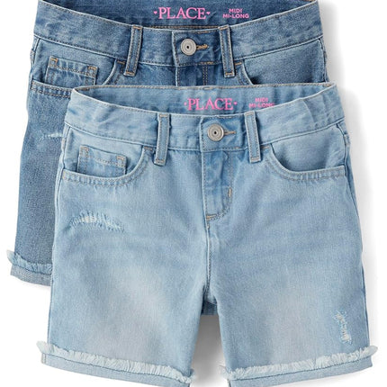 The Children's Place Girls' Distressed Denim Midi Short, Serena Wash/Cloudless Wash 2-Pack, 6