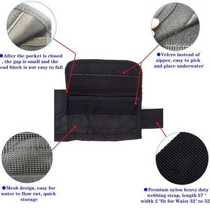 MOOCY 4 Neoprene Pocket Scuba Weight Belt，dive weight belt fit for Waist 32" to 52" - Quick-Release Buckle（Black)