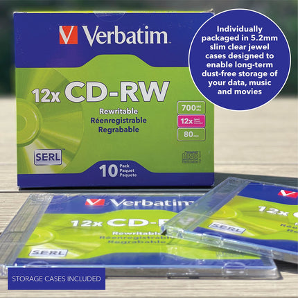 Verbatim CD-RW 80MIN 700MB 4X-12X Alta Velocidad de Marca Estuche Delgado Paquete de 10 CD-RW 700MB 10 ud(s) - CD-RW Virgen 700MB, 10 ud(s), 120mm, 120min, 12x)
