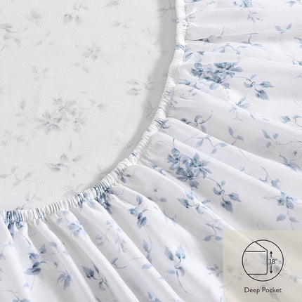 Laura Ashley Home - Queen Sheets, Soft Sateen Cotton Bedding Set - Sleek, Smooth, & Breathable Home Decor (Garden Muse Blue, 4 pieces, Queen)