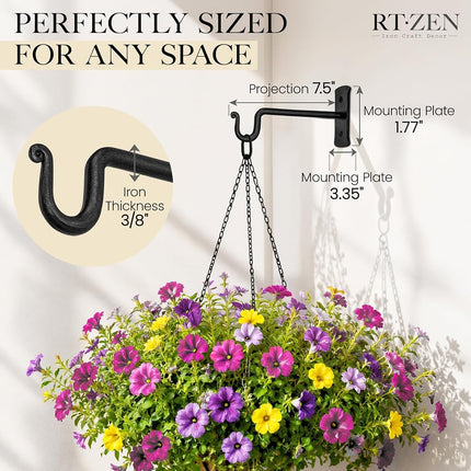 RTZEN Plant Hanger Shepards Hook 7.5" - Heavy Duty Wrought Iron Wall Decor - Indoor or Outdoor Shepherds Hook Hanging Bracket for Bird Feeders Lanterns Baskets and Wind Chimes - 2 Pack