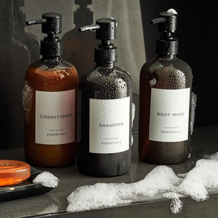 Stylish Shampoo and Conditioner Dispenser Set of 3 - Modern 21oz Shower Soap Bottles with Pump and Labels - Easy to Refill Body Wash Dispensers for an Instant Bathroom Decor Upgrade