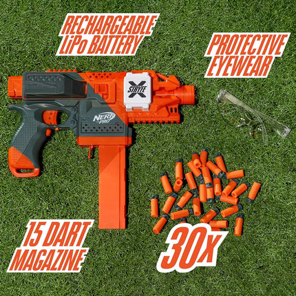 NERF Pro Stryfe X Dart Semi-Auto Blaster, Rechargeable LiPo Battery, 30 AccuStrike Half-Length Darts, 15-Dart Magazine, 150 FPS, Eyewear, 14+ (Amazon Exclusive)
