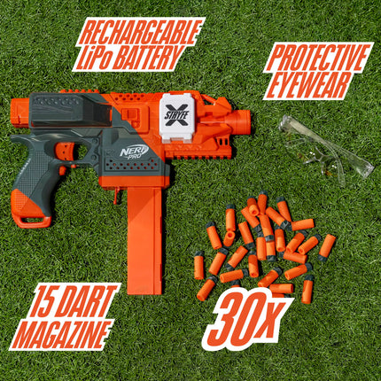 Lanzador semiautomático NERF Pro Stryfe X de dardos, batería recargable LiPo, 30 dardos AccuStrike de media longitud, cargador de 15 dardos, 150 FPS, gafas, 14+ (exclusivo de Amazon)