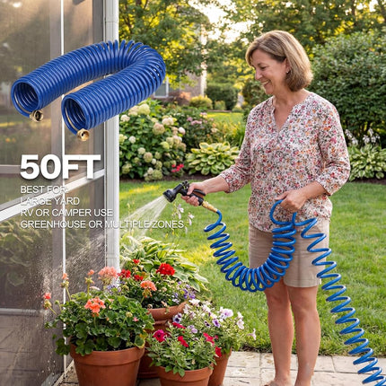 FUNJEE EVA Coil Garden Hose for Gardener: Retractable Self Coiling Hoses with 3/4" GHT Quick Connector Fittings - Kink Free and Flexible for Home and Garden Yard (50FT, Blue)