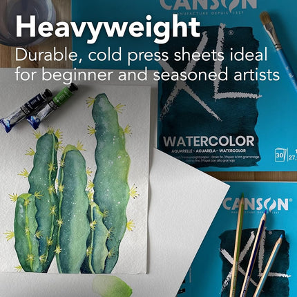 Canson XL Series Watercolor Textured Paper Pad for Paint, Pencil, Ink, Charcoal, Pastel, and Acrylic, Fold Over, 140 Pound, 9 x 12 Inch, 30 Sheets (100510941)