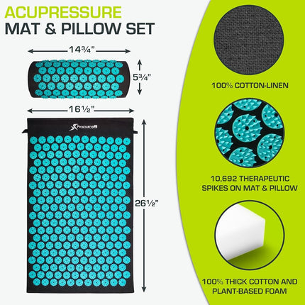 ProsourceFit Acupressure Mat and Pillow Set for Back/Neck Pain Relief and Muscle Relaxation, Large - Black/Aqua