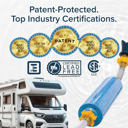 Camco TastePURE RV Inline Water Filter - Advanced with Flexible Hose Protector - GAC & KDF - Made in USA - Camping Essentials for Fresh Drinking Water (40043)