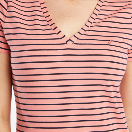 Nautica womensEasy Comfort V-Neck Striped Supersoft Stretch Cotton T-Shirt Short Sleeve T-Shirt - red - X-Small