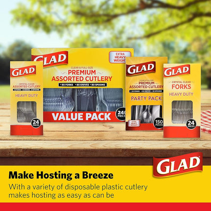 Glad Premium Assorted Plastic Cutlery | Clear Extra Heavy Duty Forks, Knives, and Spoons | 150 Piece Set of Disposable Party Utensils, and Sturdy Cutlery