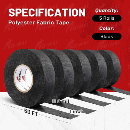 RED Wolf Wire Harness Tape 1'' 50 FT High Temp Wiring Loom Harness Self-Adhesive Felt Cloth Electrical Tape for Automotive Engine Electrical No Residue Fabric Insulated Black 5 Rolls RWF-JB02-1243-5P
