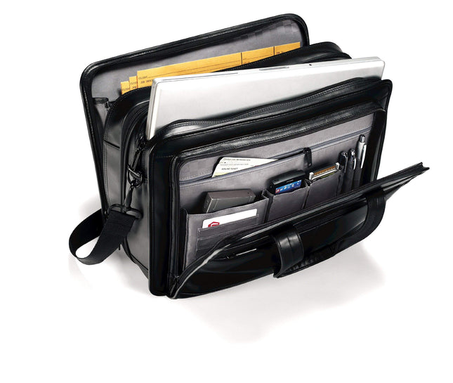 Maletín Samsonite de cuero expandible, 17 pulgadas, negro, 17", Maletín expandible de cuero