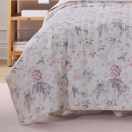 Laura Ashley 100% Cotton, Reversible, Lightweight & Breathable Bedding, Pre-Washed for Added Softness, Pink/Grey, Queen