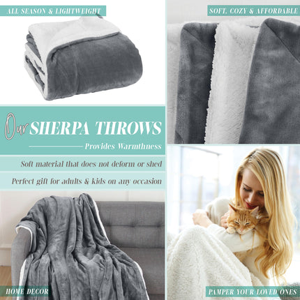 Elegant Comfort Reversible and Ultra-Plush Flannel Fleece Sherpa Throw- Lightweight Soft and Cozy- All Season Decorative Throw, Perfect for Lounging, 50 x 60 inches, Gray
