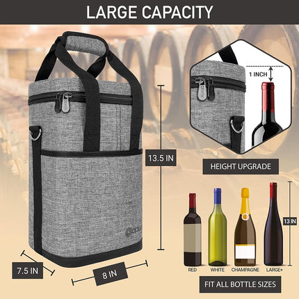 Opux 4 Bottle Insulated Wine Cooler Bag - Leakproof Padded Portable Wine Bottle Tote for Travel Picnic BYOB - Heather Gray