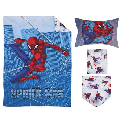 Marvel Spiderman Wall Crawler Red, White, and Blue Spider Webs 4 Piece Toddler Bed Set - Comforter, Fitted Bottom Sheet, Flat Top Sheet, and Reversible Pillowcase