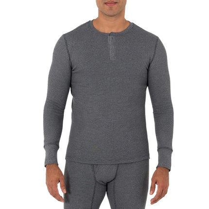 Fruit of the Loom Men's Recycled Waffle Thermal Underwear Henley Top (1 and 2 Packs) Pajama, Black/Greystone Heather, Medium