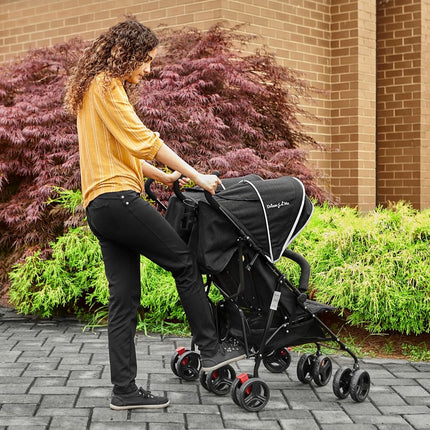 Dream On Me Volgo Twin Baby Stroller, Lightweight Side-by-Side Double Umbrella Stroller with Adjustable Canopy, 5-Point Harness, Storage Basket & Travel-Friendly Fold – Black