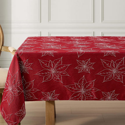 Laura Ashley Tablecloth Raised Woven Embroidered Jacquard Fabric, Wrinkle Resistant for Dining, Holiday, Party, Wedding or Banquet, 60" x 102", Poinsettia Red