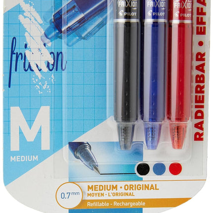 Pilot Frixion Clicker Retractable Erasable Rollerball, 0.7 mm Tip - Black/Blue/Red, Pack of 3