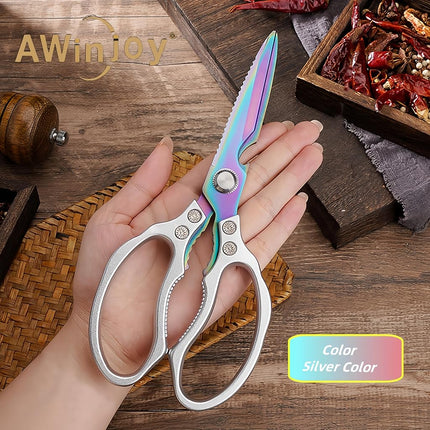 AWinjoy Heavy Duty Sharp Kitchen Scissors, Dishwasher Safe, Cooking Shears for Meat, Chicken, Fish, Poultry, Herb, Bread (Silver Color)