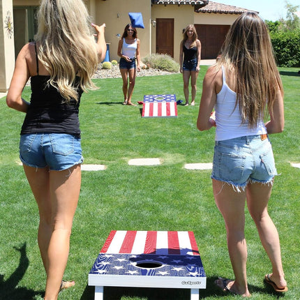GoSports Regulation Size Solid Wood Cornhole Set - American Flag Design - Includes Two 4 ft x 2 ft Boards, 8 Bean Bags, Carrying Case, and Game Rules