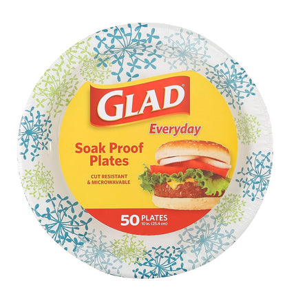 Glad Round Disposable Paper Plates for All Occasions | Soak Proof, Cut Proof, Microwaveable Heavy Duty Disposable Plates | 10" Diameter, 600 Count Bulk Paper Plates,Blue,White