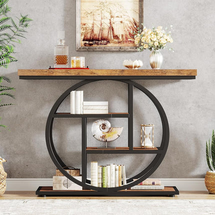 Tribesigns 105cm Console Table, 4-Tier Entryway Console Table with Geometric Base, Narrow Hall Table with Storage Shelves for Living Room, Hallway, Foyer, Rustic Brown